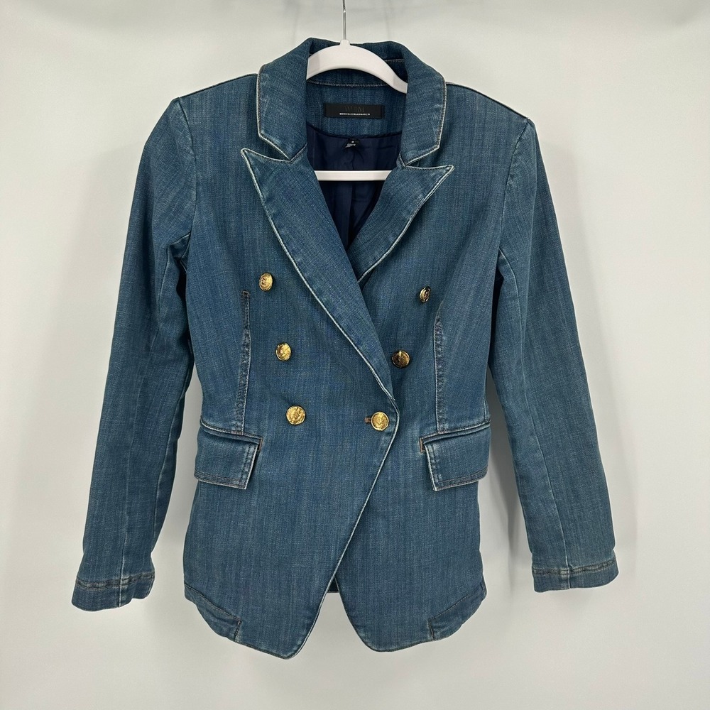 Womens Nautical Old Money Denim Blazer Size 0 Structured Double Breasted Preppy